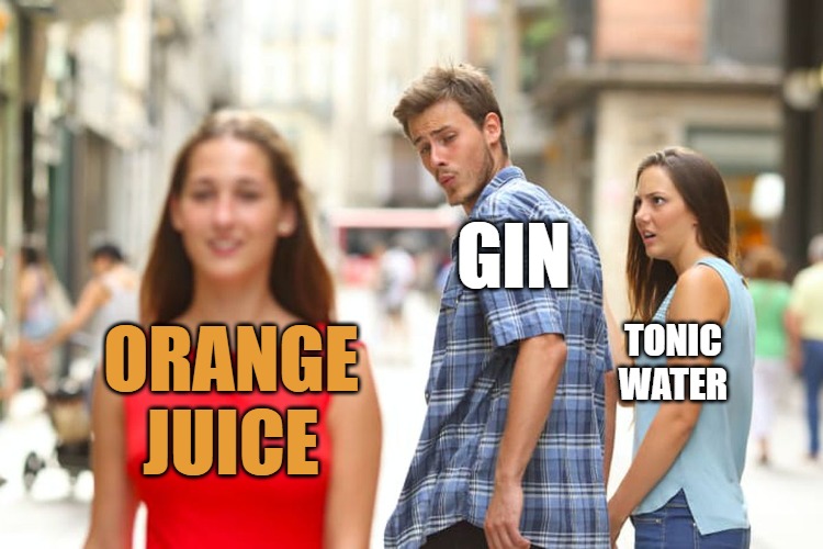 Distracted Boyfriend | GIN; ORANGE JUICE; TONIC WATER | image tagged in memes,distracted boyfriend | made w/ Imgflip meme maker
