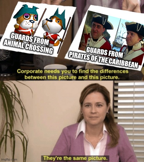 The guards from Animal Crossing Wild World remind me of some people… | GUARDS FROM ANIMAL CROSSING; GUARDS FROM PIRATES OF THE CARIBBEAN | image tagged in corporate needs you to find the differences,animal crossing,wild world,nintendo,pirates of the caribbean,video games | made w/ Imgflip meme maker