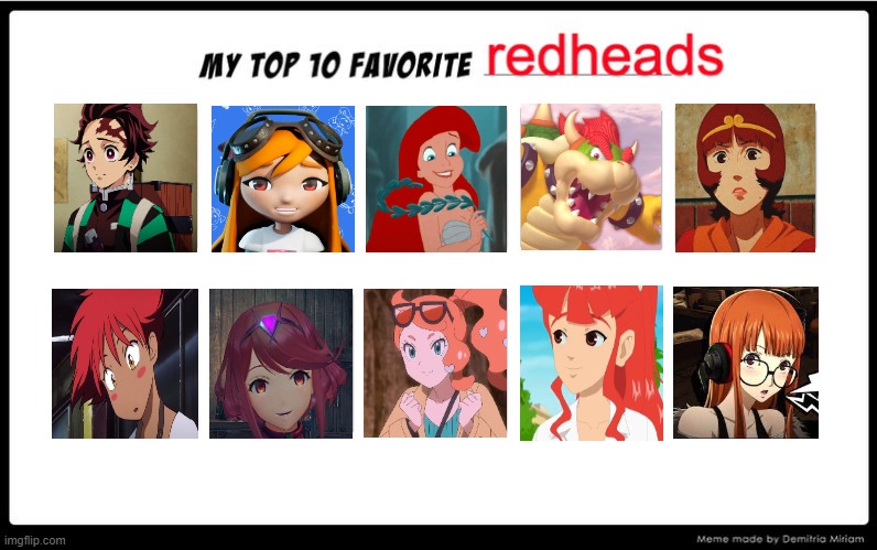 top 10 favorite redheads | image tagged in top 10 favorite redheads,nintendo,anime,ariel,bowser,demon slayer | made w/ Imgflip meme maker