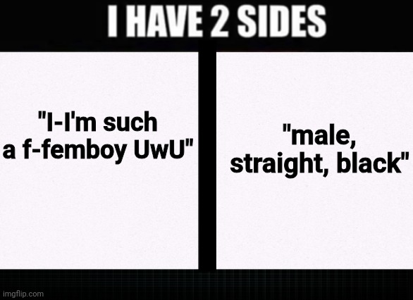 @Vik | "male, straight, black"; "I-I'm such a f-femboy UwU" | image tagged in i have two sides | made w/ Imgflip meme maker