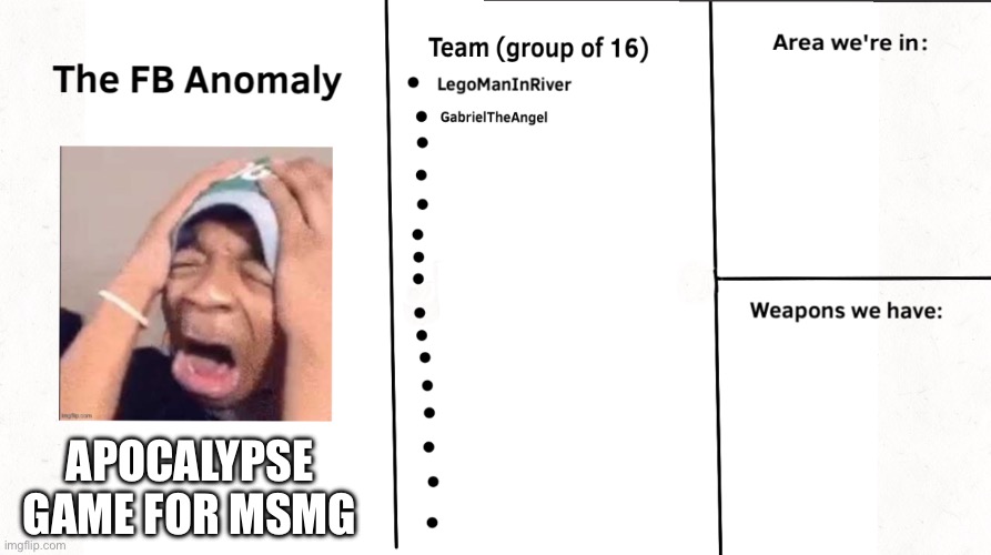 Comment I’ll add you | APOCALYPSE GAME FOR MSMG | made w/ Imgflip meme maker