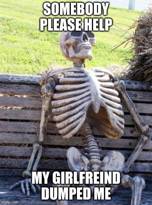 I Just Got DUMPED | SOMEBODY PLEASE HELP; MY GIRLFREIND DUMPED ME | image tagged in memes,waiting skeleton | made w/ Imgflip meme maker