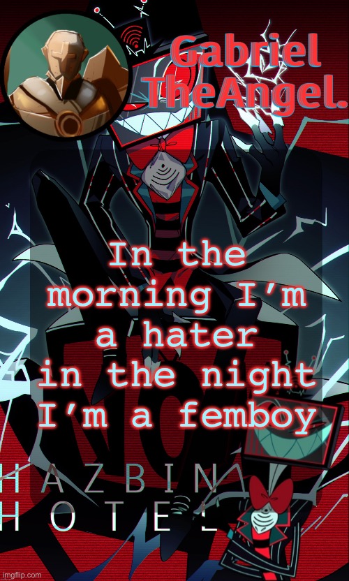 Vox Cat Temp | In the morning I’m a hater
in the night I’m a femboy | image tagged in vox cat temp | made w/ Imgflip meme maker
