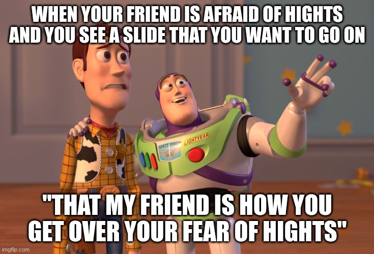 X, X Everywhere Meme | WHEN YOUR FRIEND IS AFRAID OF HIGHTS AND YOU SEE A SLIDE THAT YOU WANT TO GO ON; "THAT MY FRIEND IS HOW YOU GET OVER YOUR FEAR OF HIGHTS" | image tagged in memes,x x everywhere | made w/ Imgflip meme maker