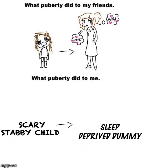 Idk | SLEEP DEPRIVED DUMMY; SCARY STABBY CHILD | image tagged in what puberty did to me | made w/ Imgflip meme maker