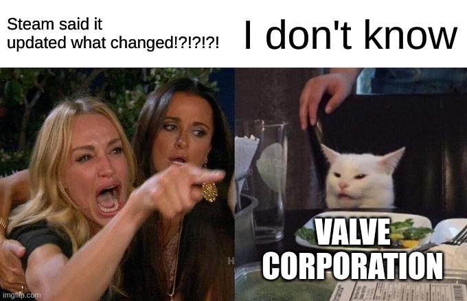 Woman Yelling At Cat | Steam said it updated what changed!?!?!?! I don't know; VALVE CORPORATION | image tagged in memes,woman yelling at cat,steam | made w/ Imgflip meme maker