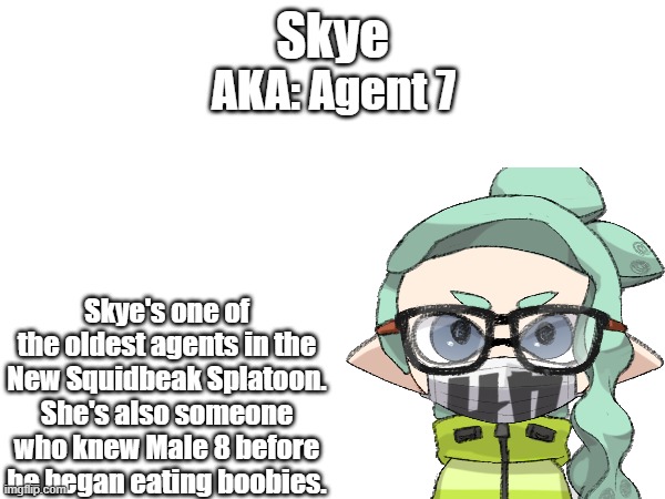 Cursed Splatoon AU ref sheet 2 | Skye; AKA: Agent 7; Skye's one of the oldest agents in the New Squidbeak Splatoon. She's also someone who knew Male 8 before he began eating boobies. | made w/ Imgflip meme maker