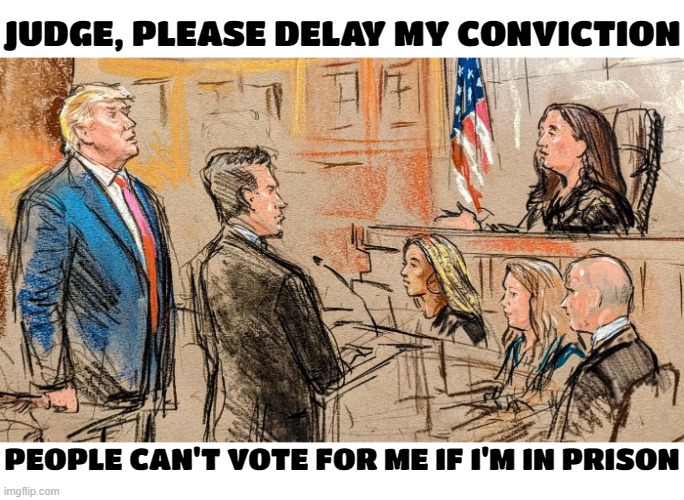 PLEASE DELAY MY CONVICTION | JUDGE, PLEASE DELAY MY CONVICTION; PEOPLE CAN'T VOTE FOR ME IF I'M IN PRISON | image tagged in criminal,felon,conviction,delinquent,offender,court | made w/ Imgflip meme maker