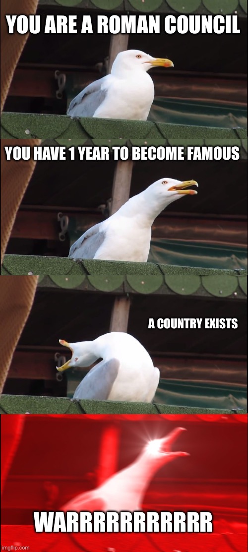 Inhaling Seagull | YOU ARE A ROMAN COUNCIL; YOU HAVE 1 YEAR TO BECOME FAMOUS; A COUNTRY EXISTS; WARRRRRRRRRRR | image tagged in memes,inhaling seagull | made w/ Imgflip meme maker