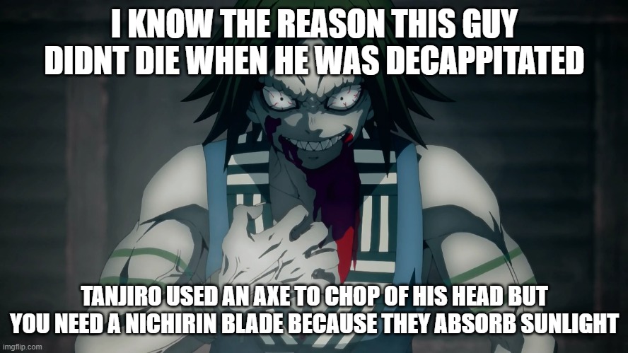 I KNOW THE REASON THIS GUY DIDNT DIE WHEN HE WAS DECAPPITATED; TANJIRO USED AN AXE TO CHOP OF HIS HEAD BUT YOU NEED A NICHIRIN BLADE BECAUSE THEY ABSORB SUNLIGHT | made w/ Imgflip meme maker