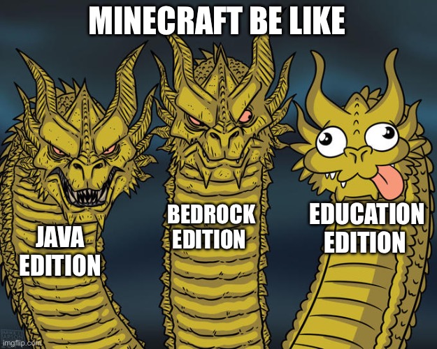 Three-headed Dragon | MINECRAFT BE LIKE; EDUCATION EDITION; BEDROCK EDITION; JAVA EDITION | image tagged in three-headed dragon | made w/ Imgflip meme maker