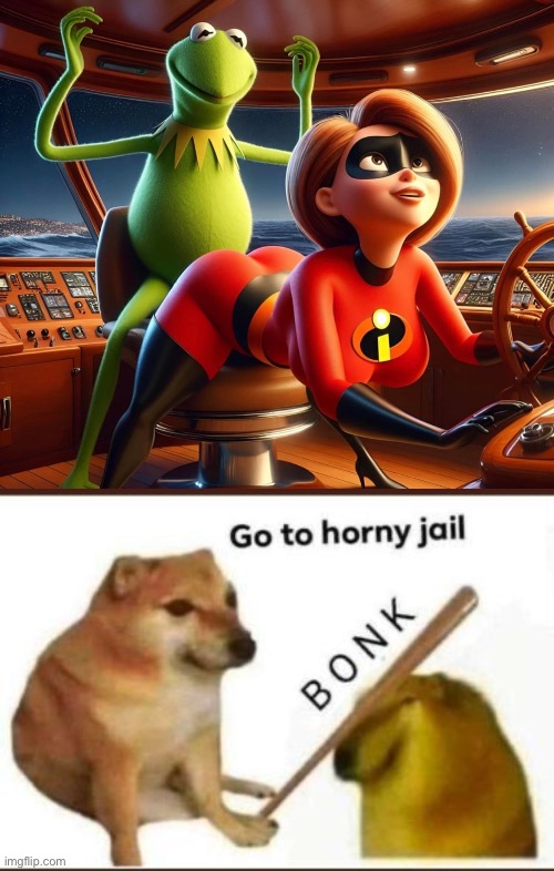 image tagged in go to horny jail,evil kermit,kermit the frog,the incredibles,kermit,ai generated | made w/ Imgflip meme maker