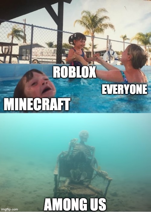 How did Among Us die in only a few years? | ROBLOX; EVERYONE; MINECRAFT; AMONG US | image tagged in swimming pool kids,among us,memes,minecraft,roblox | made w/ Imgflip meme maker