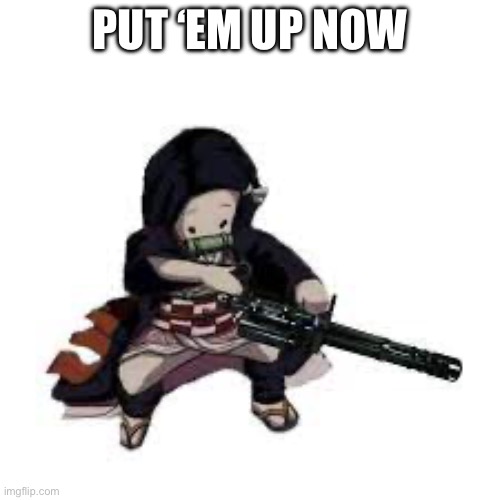 Nezuko serious | PUT ‘EM UP NOW | image tagged in nezuko serious | made w/ Imgflip meme maker