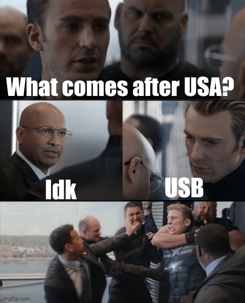 *wheezing intensifies* | What comes after USA? USB; Idk | image tagged in captain america elevator fight,memes,funny,usa,usb | made w/ Imgflip meme maker