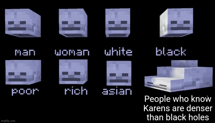Karens are denser than black holes | People who know Karens are denser than black holes | image tagged in empty skulls of truth minecraft,karens,jpfan102504 | made w/ Imgflip meme maker