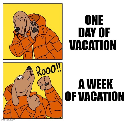 Week of vacation | ONE DAY OF VACATION; A WEEK OF VACATION | image tagged in drake dog,relatable,jpfan102504 | made w/ Imgflip meme maker