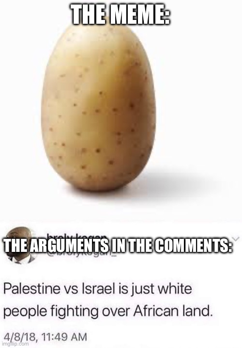 Like bro, it has nothing to do with the meme, how’d we get here? | THE MEME:; THE ARGUMENTS IN THE COMMENTS: | image tagged in patato,palestine vs israel | made w/ Imgflip meme maker