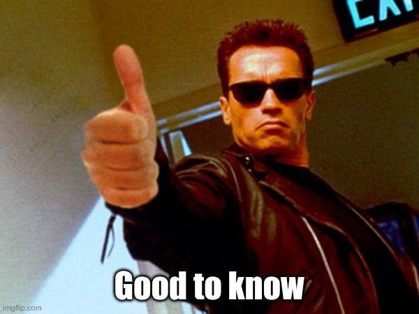terminator thumbs up (no borders) | Good to know | image tagged in terminator thumbs up no borders | made w/ Imgflip meme maker