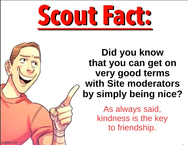 Scout Fact | Did you know that you can get on very good terms with Site moderators by simply being nice? As always said,
kindness is the key
to friendship. | image tagged in scout fact | made w/ Imgflip meme maker