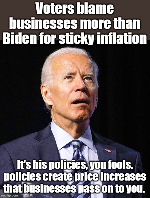 We need a voter economic competency test, to vote. | Voters blame businesses more than Biden for sticky inflation; It's his policies, you fools. policies create price increases that businesses pass on to you. | image tagged in joe biden,nwo | made w/ Imgflip meme maker