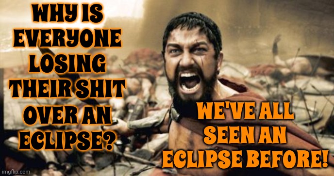 What's The Big Hairy Heaven's Gate Deal About An Eclipse?  You Can't Try To Ride It!  Too Many People Aren't Maintaining Control | WHY IS EVERYONE LOSING THEIR SHIT; OVER AN ECLIPSE? WE'VE ALL SEEN AN ECLIPSE BEFORE! | image tagged in memes,sparta leonidas,i don't get it,solar eclipse,wth,confused | made w/ Imgflip meme maker