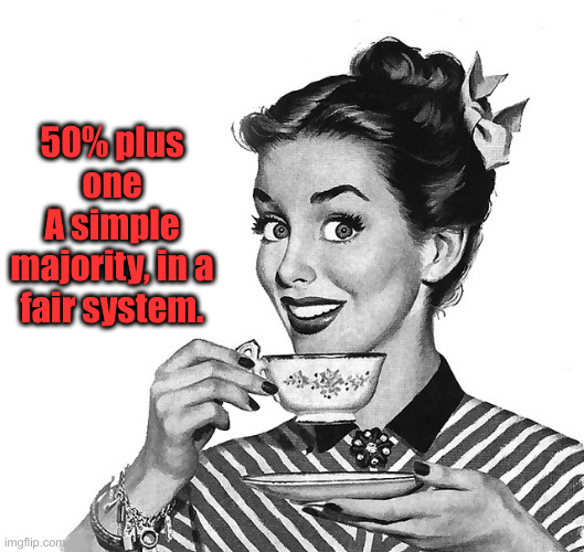 50s woman | 50% plus one
A simple majority, in a fair system. | image tagged in 50s woman | made w/ Imgflip meme maker