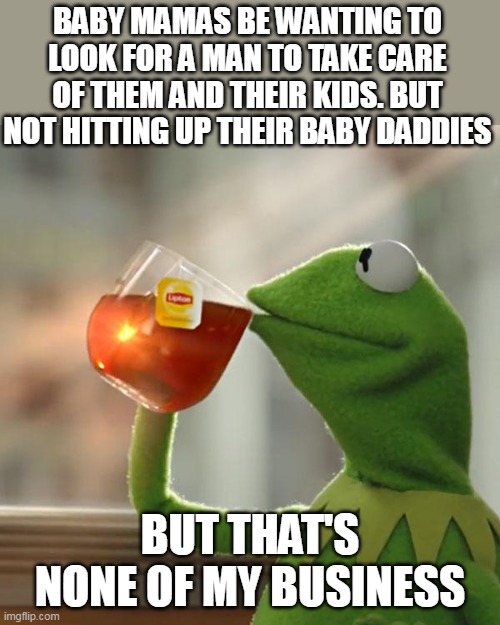 Baby mamas be wanting to look for a man | BABY MAMAS BE WANTING TO LOOK FOR A MAN TO TAKE CARE OF THEM AND THEIR KIDS. BUT NOT HITTING UP THEIR BABY DADDIES; BUT THAT'S NONE OF MY BUSINESS | image tagged in memes,but that's none of my business,kermit the frog,baby mama,funny,kids | made w/ Imgflip meme maker