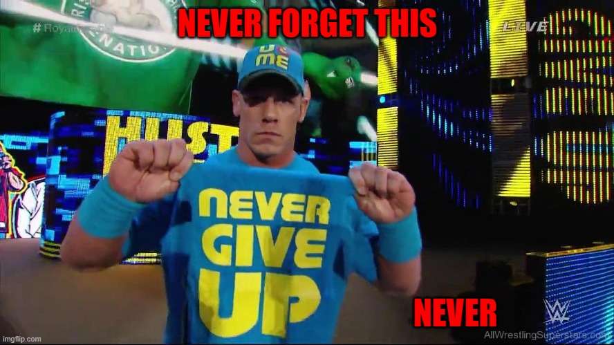 Cena Never Give Up | NEVER FORGET THIS; NEVER | image tagged in cena never give up | made w/ Imgflip meme maker