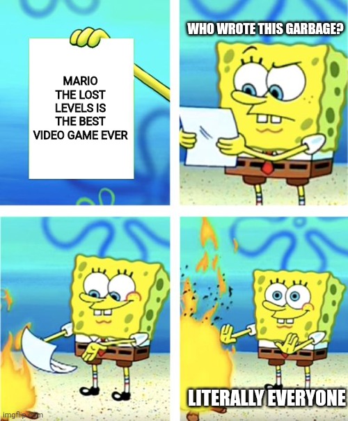 We All Feel This Way | WHO WROTE THIS GARBAGE? MARIO THE LOST LEVELS IS THE BEST VIDEO GAME EVER; LITERALLY EVERYONE | image tagged in spongebob burning paper | made w/ Imgflip meme maker