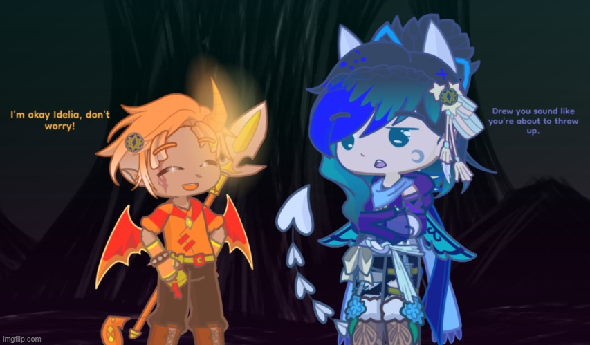 Idelia knows Drew gets dizzy from shaking his head to make his horn glow but he tries not to show it | image tagged in gacha,ocs | made w/ Imgflip meme maker