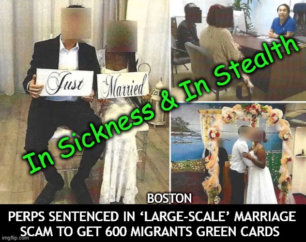Changing clients’ immigration status would cost between $20,000 & $35,000 in cash. | In Sickness & In Stealth; PERPS SENTENCED IN ‘LARGE-SCALE’ MARRIAGE 
SCAM TO GET 600 MIGRANTS GREEN CARDS; BOSTON | image tagged in money in politics,scammers,illegal immigration,wait that's illegal,corrupt,boston | made w/ Imgflip meme maker