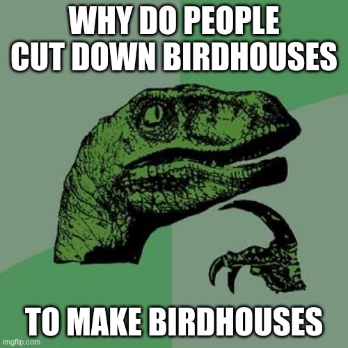 Shower thoughts | WHY DO PEOPLE CUT DOWN BIRDHOUSES; TO MAKE BIRDHOUSES | image tagged in memes,philosoraptor | made w/ Imgflip meme maker