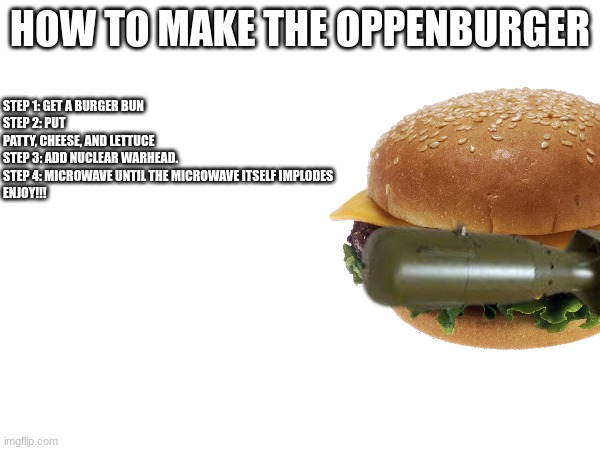 HOW TO MAKE THE OPPENBURGER; STEP 1: GET A BURGER BUN
STEP 2: PUT PATTY, CHEESE, AND LETTUCE
STEP 3: ADD NUCLEAR WARHEAD.
STEP 4: MICROWAVE UNTIL THE MICROWAVE ITSELF IMPLODES

ENJOY!!! | made w/ Imgflip meme maker