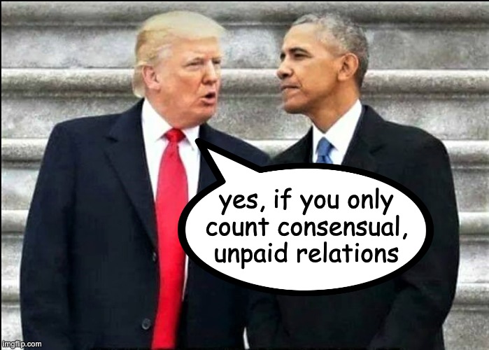 Trump and Obama | yes, if you only count consensual, unpaid relations | image tagged in trump and obama | made w/ Imgflip meme maker