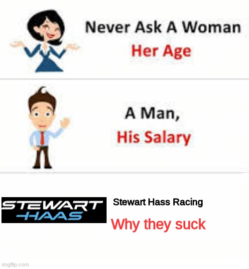 they are irrelevant now | Stewart Hass Racing; Why they suck | image tagged in never ask a woman her age | made w/ Imgflip meme maker