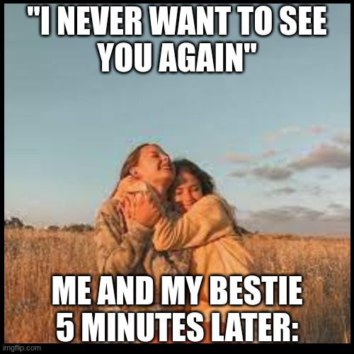 Me and my bestie after an argument | "I NEVER WANT TO SEE
YOU AGAIN"; ME AND MY BESTIE
5 MINUTES LATER: | image tagged in meme | made w/ Imgflip meme maker