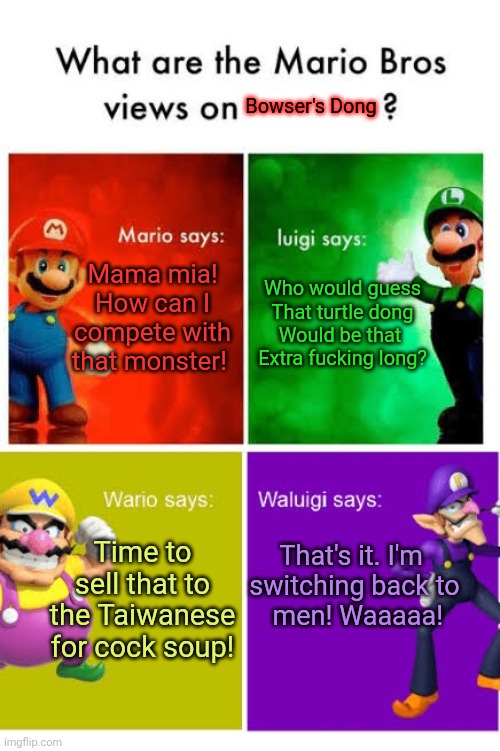 Mario Broz. Misc Views. | Bowser's Dong Mama mia! How can I compete with that monster! Who would guess
That turtle dong
Would be that 
Extra fucking long? Time to sel | image tagged in mario broz misc views | made w/ Imgflip meme maker