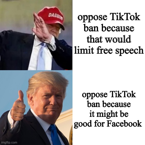 Trump Hotline Bling | oppose TikTok ban because that would limit free speech; oppose TikTok ban because it might be good for Facebook | image tagged in trump hotline bling | made w/ Imgflip meme maker
