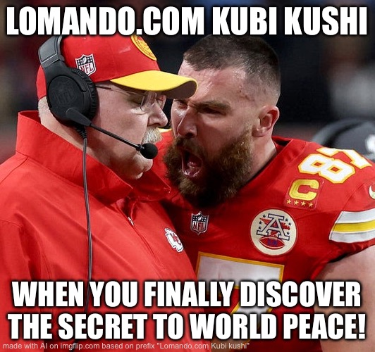 What? | LOMANDO.COM KUBI KUSHI; WHEN YOU FINALLY DISCOVER THE SECRET TO WORLD PEACE! | image tagged in travis kelce screaming | made w/ Imgflip meme maker