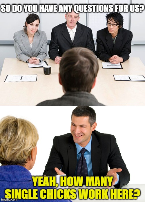 SO DO YOU HAVE ANY QUESTIONS FOR US? YEAH, HOW MANY SINGLE CHICKS WORK HERE? | image tagged in job interview | made w/ Imgflip meme maker