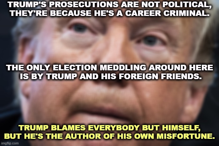 It's never me! I'm the victim, dammit! | TRUMP'S PROSECUTIONS ARE NOT POLITICAL, THEY'RE BECAUSE HE'S A CAREER CRIMINAL. THE ONLY ELECTION MEDDLING AROUND HERE
 IS BY TRUMP AND HIS FOREIGN FRIENDS. TRUMP BLAMES EVERYBODY BUT HIMSELF, BUT HE'S THE AUTHOR OF HIS OWN MISFORTUNE. | image tagged in trump dilated and confused,trump,lawsuit,criminal,election fraud,narcissist | made w/ Imgflip meme maker