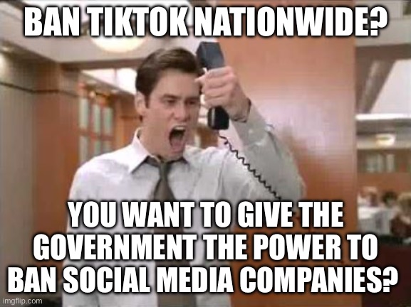 Ban TikTok? | BAN TIKTOK NATIONWIDE? YOU WANT TO GIVE THE GOVERNMENT THE POWER TO BAN SOCIAL MEDIA COMPANIES? | image tagged in liar liar stop breaking the law,tiktok,tiktok sucks,political meme,politics | made w/ Imgflip meme maker