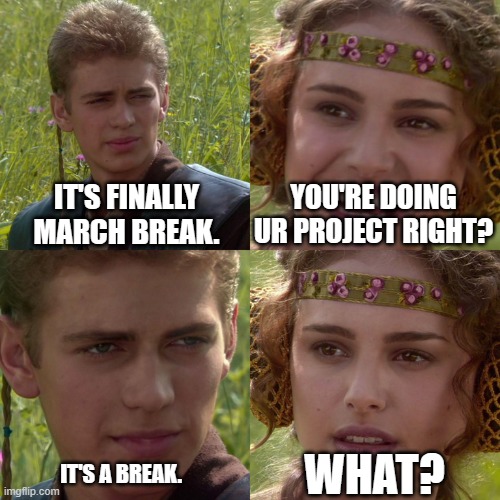 March Break be like: | IT'S FINALLY MARCH BREAK. YOU'RE DOING UR PROJECT RIGHT? WHAT? IT'S A BREAK. | image tagged in anakin padme 4 panel | made w/ Imgflip meme maker