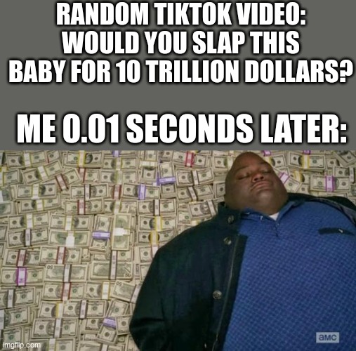 memes | RANDOM TIKTOK VIDEO: WOULD YOU SLAP THIS BABY FOR 10 TRILLION DOLLARS? ME 0.01 SECONDS LATER: | image tagged in huell money,memes,relatable memes,funny memes,money | made w/ Imgflip meme maker
