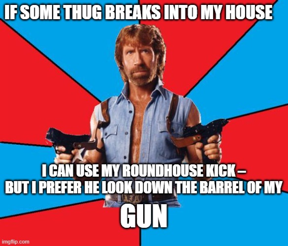 Pro Gun | IF SOME THUG BREAKS INTO MY HOUSE; I CAN USE MY ROUNDHOUSE KICK – BUT I PREFER HE LOOK DOWN THE BARREL OF MY; GUN | image tagged in memes,chuck norris with guns,chuck norris | made w/ Imgflip meme maker