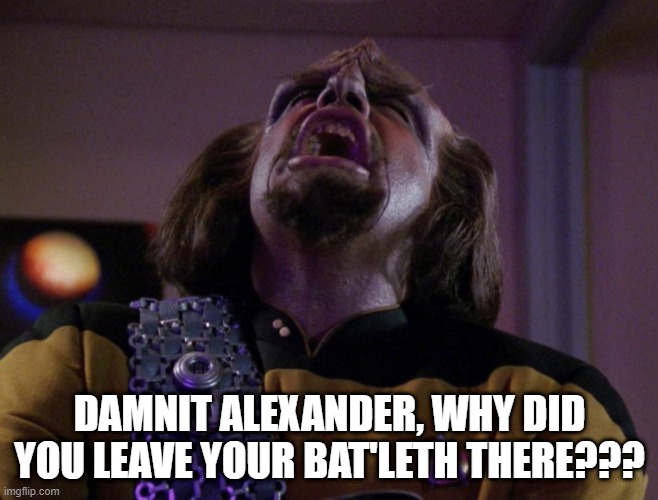 Bad Alexander | DAMNIT ALEXANDER, WHY DID YOU LEAVE YOUR BAT'LETH THERE??? | image tagged in worf screams | made w/ Imgflip meme maker