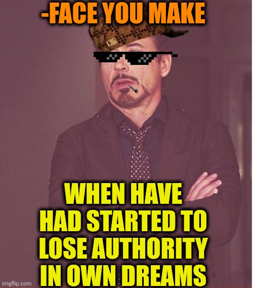 -I should be leader, no lesser, pals! | -FACE YOU MAKE; WHEN HAVE HAD STARTED TO LOSE AUTHORITY IN OWN DREAMS | image tagged in memes,face you make robert downey jr,sweet dreams,and everybody loses their minds,nobody is born cool,no respect | made w/ Imgflip meme maker