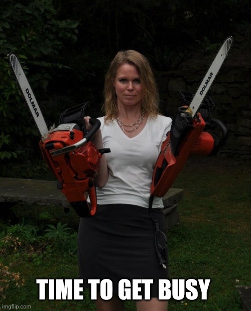 Chainsaw Chick | TIME TO GET BUSY | image tagged in chainsaw chick | made w/ Imgflip meme maker