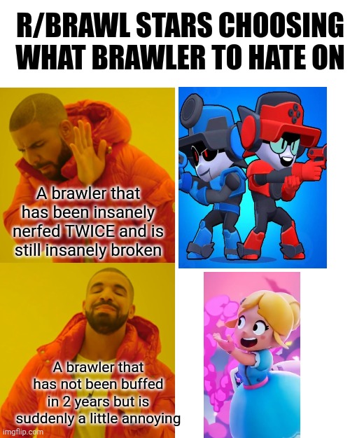 Drake Hotline Bling Meme | R/BRAWL STARS CHOOSING WHAT BRAWLER TO HATE ON; A brawler that has been insanely nerfed TWICE and is still insanely broken; A brawler that has not been buffed in 2 years but is suddenly a little annoying | image tagged in memes,drake hotline bling | made w/ Imgflip meme maker